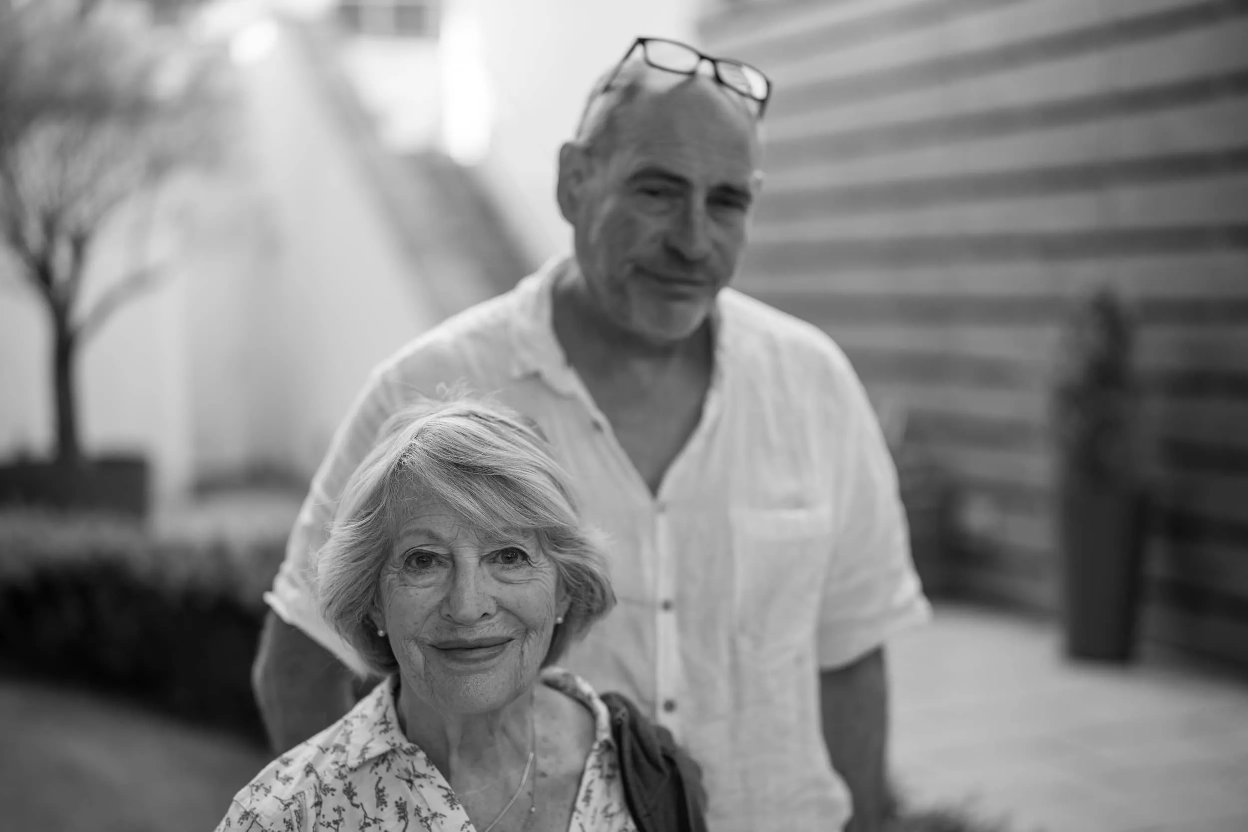 An older couple together, photographed in black and white